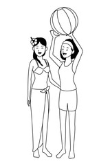 Friends enjoying summer cartoon in black and white