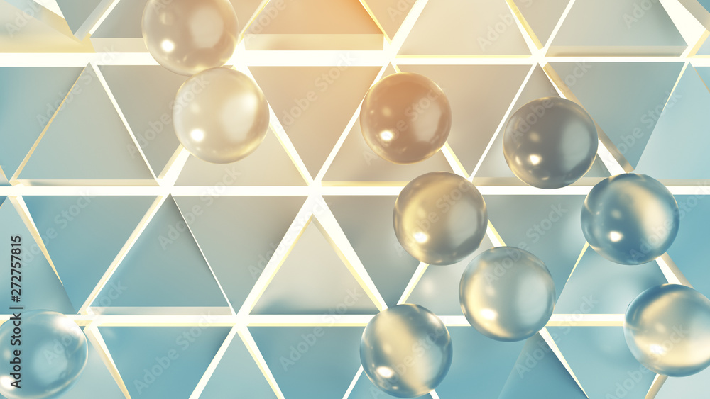 Poster soft transparent balls rolling on triangular cells 3d render