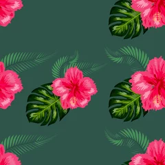 Poster Tropical hibiscus flowers and palm leaves bouquets seamless pattern © MichiruKayo