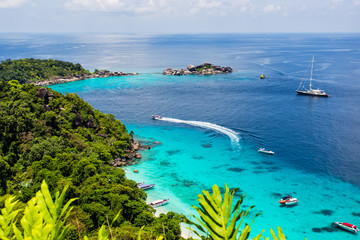 Image from top view Beautiful tropical beach with tree,beach in similan island,beach sand andaman sea