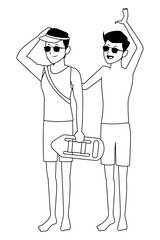 Friends enjoying summer cartoon in black and white