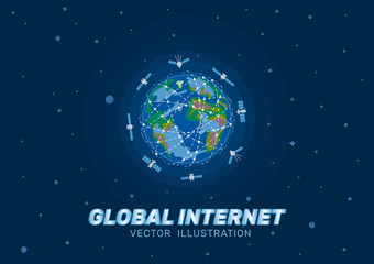 group of satellites fly in outer space around the earth. planet global internet technology concept