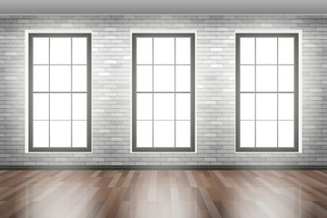empty room interior design in loft style with wooden floor brick wall three windows
