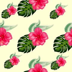 Fotobehang Tropische planten Tropische hibiscus bloemen en palmbladeren boeketten naadloos patroon