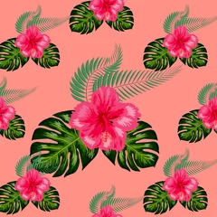 Fototapete Tropische Pflanzen Nahtloses Muster mit tropischen Blättern und Hibiskusblüten.