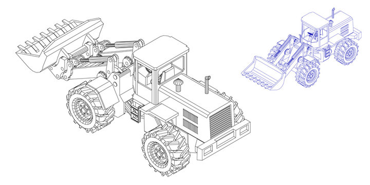 Bulldozer. Vector outline illustration. Isometric projection.