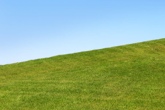 Green grass slope against a clean blue sky