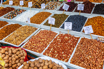 Konya, Turkey 05/12/2019: Counter with nuts on the oriental bazaar. Close-up. Background.