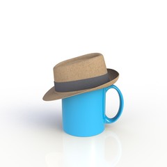 Hat on blue coffee cup isolated on white background, 3D rendering