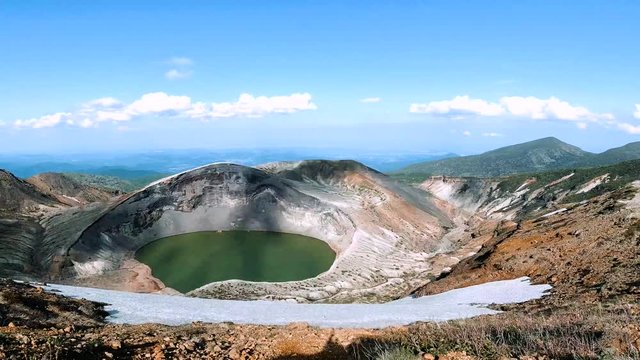 Mount Zao Okama Crater active volcano time lapse with colorful background and fluffy clouds