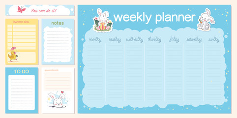 Vector set of weekly and daily planner page design template calendar for children. Cute hand drawn little bunny character. Flat lay, organizer mock up. Pastel colors. Back to school design.