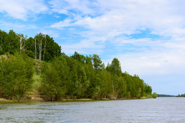 view from the river to the wooded shore. Blue sky with clouds on summer day