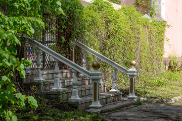 old stone staircase with a handrail amongst the green vegetation