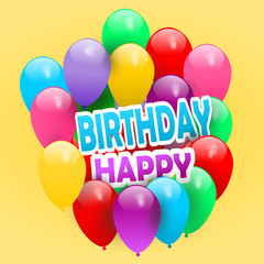 happy birthday card with colorful balloons on yellow background