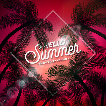 Hello Summer Illustration with Typography Letter and Tropical Palm Trees on Red Background. Vector Holiday Design with Exotic Palm Leaves for Banner, Flyer, Invitation, Brochure, Party Poster or