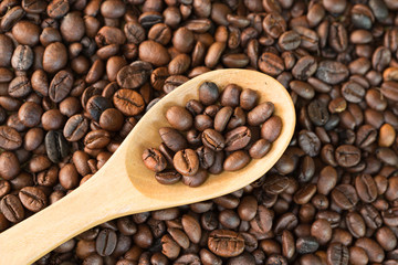 Coffee beans in the spoon wooden