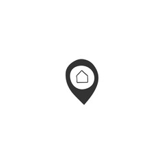 A map pointer silhouette with a house, vector hand drawn icon. Property rental theme.