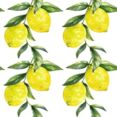Tissu par mètre Citrons Modèle sans couture de branche de citron aquarelle.