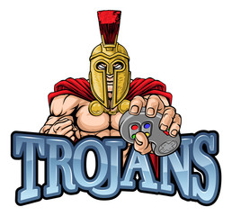 A Trojan, Spartan or gladiator warrior gamer mascot with video games controller 
