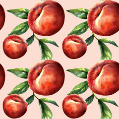 Peach macro fruit with leaves. Tropical nectarine wallpaper, juicy organic food pattern.