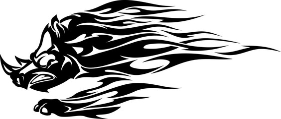 Black Rhino Head Flame, Isolated Ink Illustration