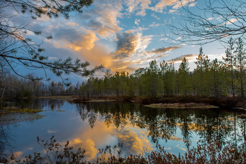 Reflection of a cloudy sky in a forest lake at sunset