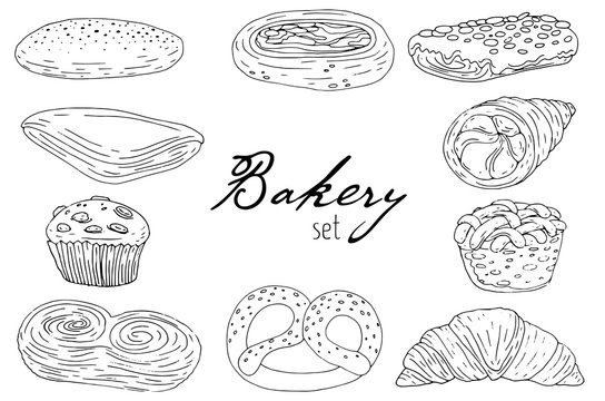 Set elements with hand drawn bakery products isolate on a white background