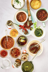 Overhead view of marinade in assorted containers