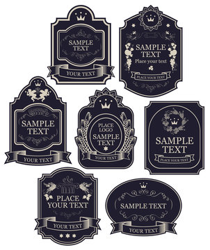 Set of vintage vector labels in black and silver colors, with crowns, ribbons, angels, curls, spikelets, in figured frames