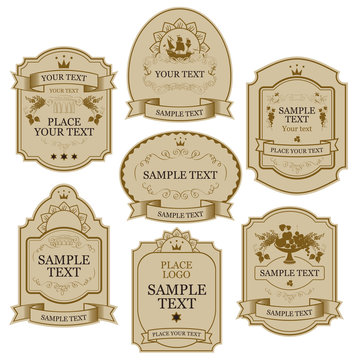 Set of vintage vector labels in beige and gold colors, decorated by crowns, ribbons, curls, fruits, in figured frames