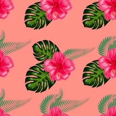 Fototapete Tropische Pflanzen Tropische exotische Blumen Hibiskus, Frangipani Plumeria und Palme, Bananenblätter Zusammensetzung. nahtloses Muster