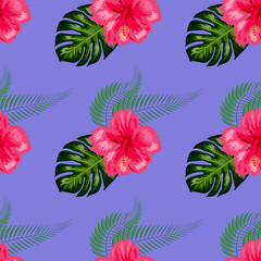 Tropical hibiscus flowers and palm leaves bouquets seamless pattern