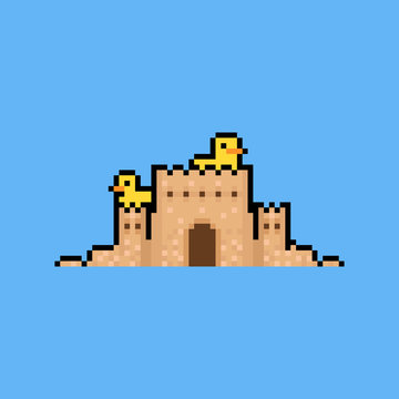 Pixel Art Sand Castle With Two Duck.8bit.