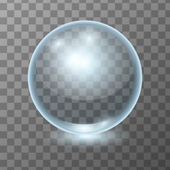 Vector realistic blue transparent glass ball, shine sphere or soup bubble on dark background. 3D illustration.