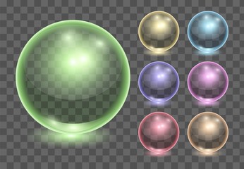 Set of vector realistic color transparent glass balls, shine spheres or soup bubbles on dark background. 3D illustration.