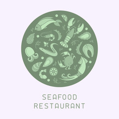 Banner round concept with seafood elements in flat style. Suitable for advertising or cafe menu decoration
