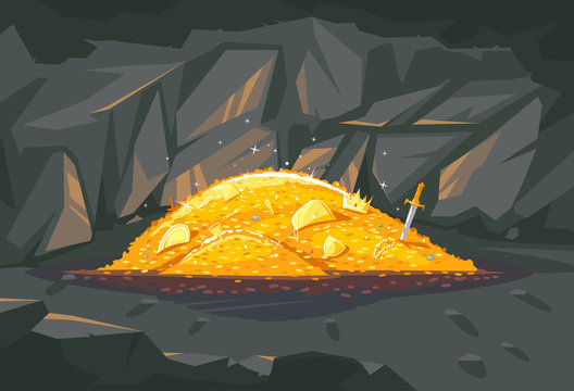 Big bright pile of gold coins with different treasures in dark cave, treasures hidden deep in the cave, wealth conceptual illustration