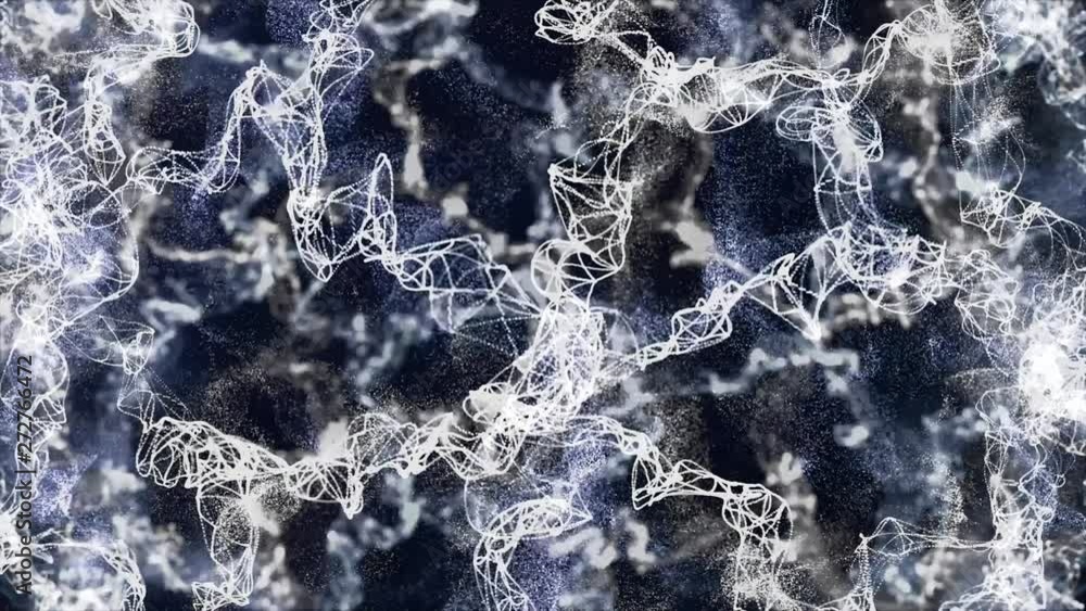 Poster glowing energy sphere of twisted white thin threads and small particles on dark background. animatio