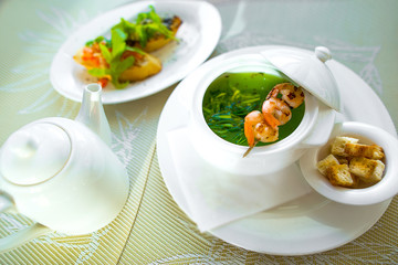 Seafood soup with shrimps. Healthy vegetarian food 