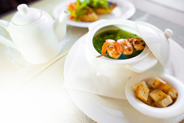 Seafood soup with shrimps. Healthy vegetarian food 