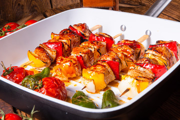 marinated kebab skewers with meat and vegetables