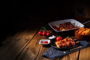 marinated kebab skewers with meat and vegetables