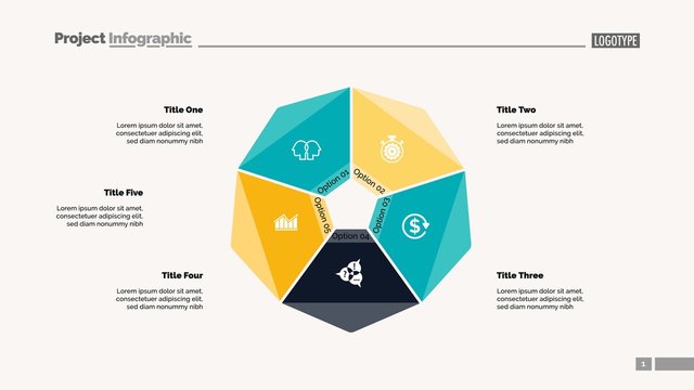 Cycle diagram with five options. Option chart, segments, slide template. Creative concept for infographics, presentation, project, report. Can be used for topics like business, startup, investment
