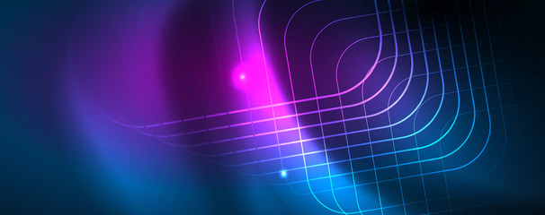 Neon glowing techno lines, hi-tech futuristic abstract background template, vector
