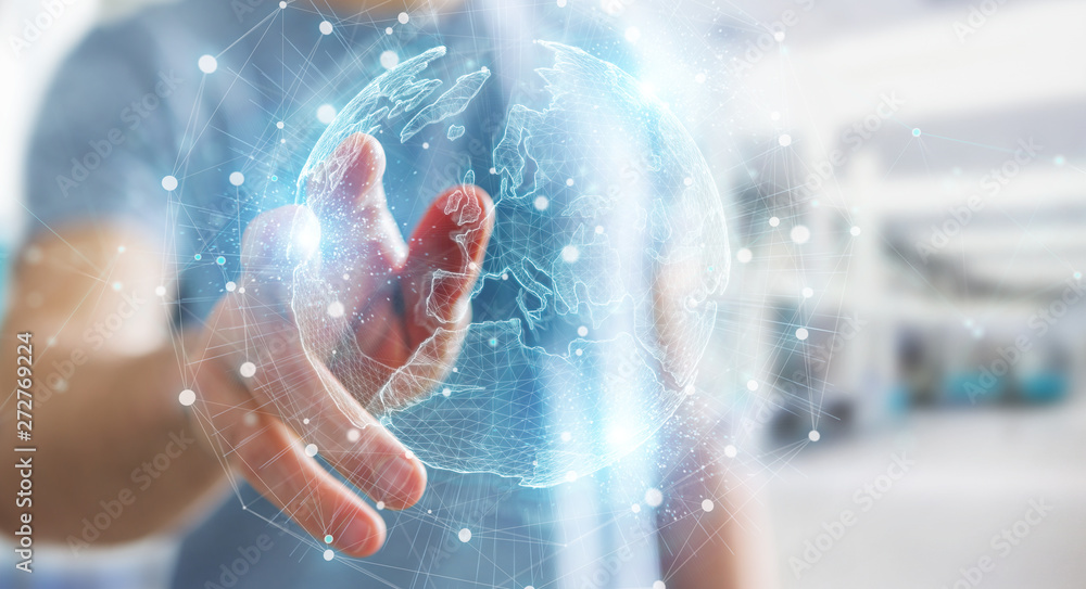 Poster businessman using europe map globe network hologram 3d rendering