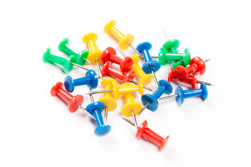 set of colorful push pins isolated on white background.
