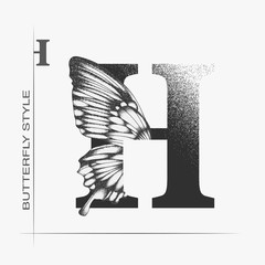 Letter H with butterfly silhouette. Monarch wing butterfly logo template isolated on white background. Calligraphic hand drawn lettering design. Alphabet concept. Monogram vector illustration