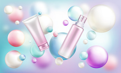 Cosmetics bottles mock up, beauty cosmetics tubes with pump and cap on rainbow defocused background with flying soap bubbles or spheres. Cream, lotion, serum, baby oil Realistic 3d vector illustration