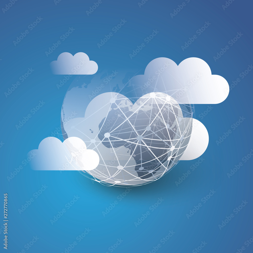 Poster cloud computing design concept - digital connections, technology background with earth globe and clo