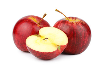 Fresh 2 red apples with 1 slice isolated on white background